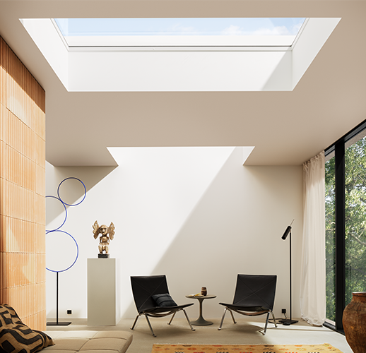Świetlik płaski VELUX w nowoczesnym salonie